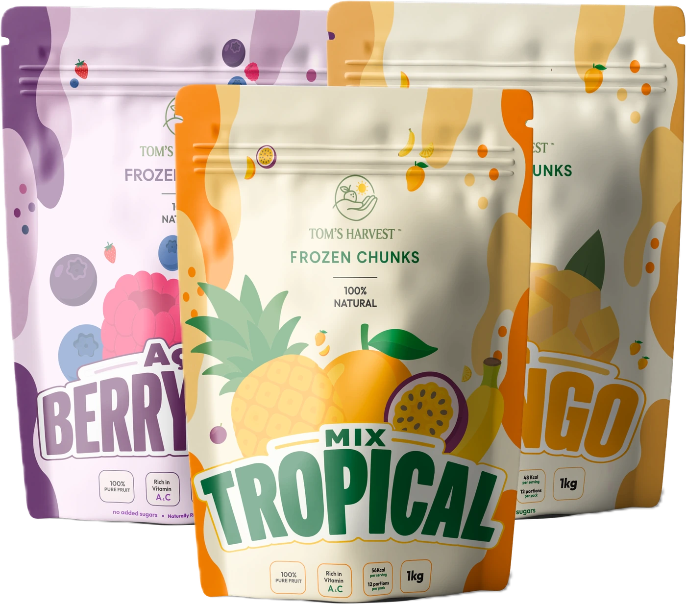 Tom's Harvest Açaí Berry Bliss, Mix Tropical and Oh Mango resealable pouches